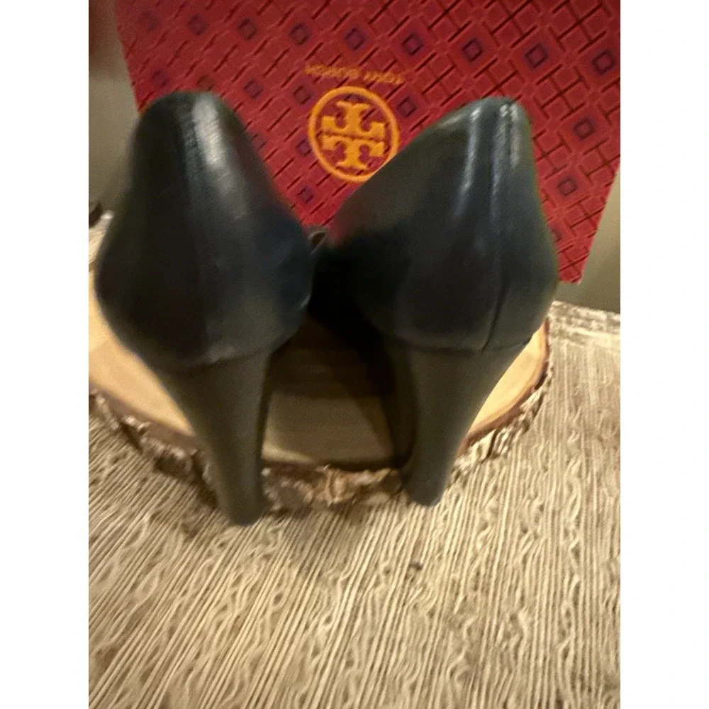 Tory Burch Jolie Peep Toe Wedge Pump Navy Blue Nappa Leather MRSP Sz-8 $290